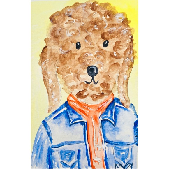Hipster Dog Jacket ORIGINAL Watercolor Painting - Picture 1 of 13